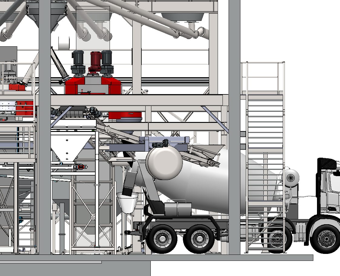 Rysunek techniczny węzła betoniarskiego z betonomieszarką podczas załadunku masy betonowej